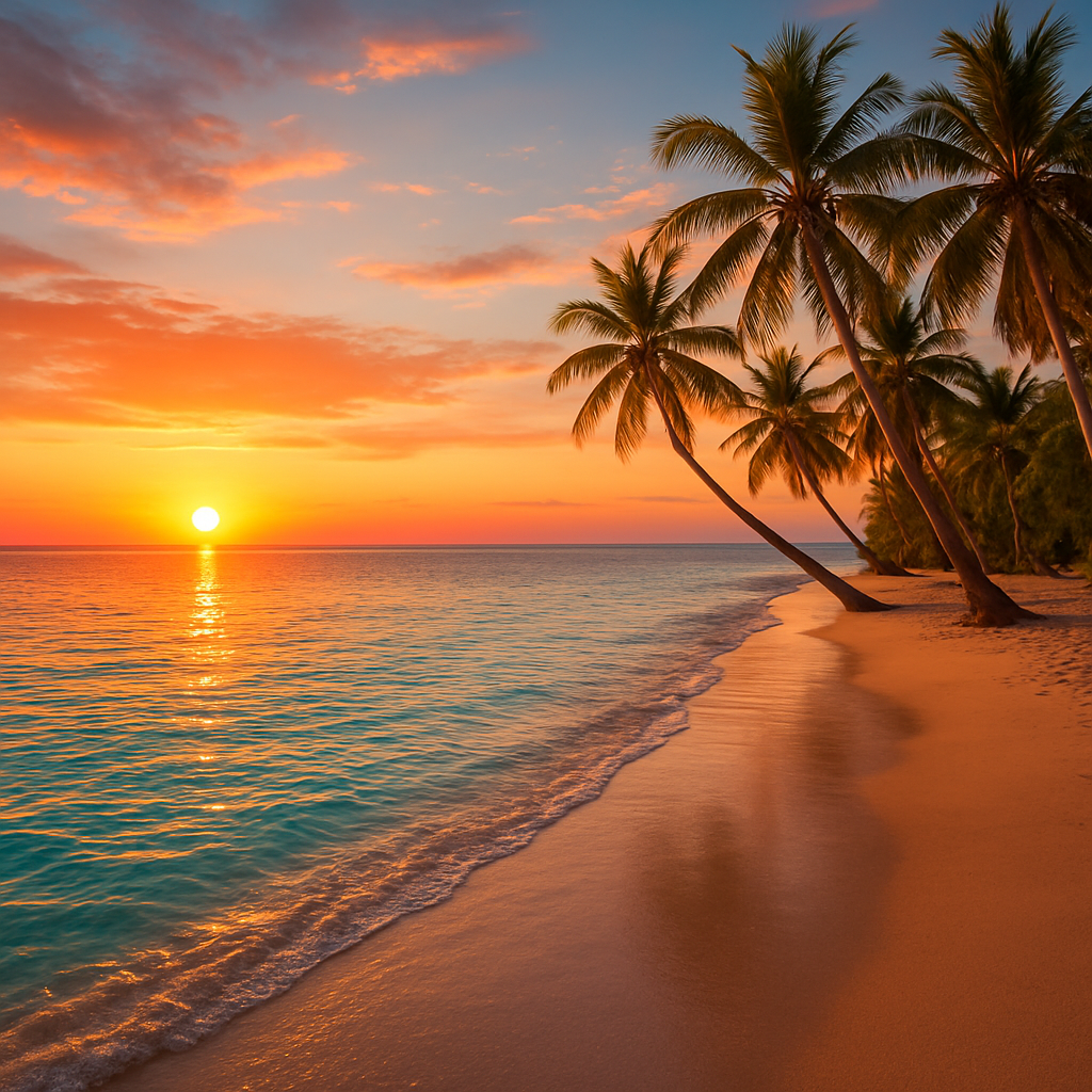 A serene beach with palm trees and crystal clear water during sunset, vibrant colors, calm atmosphere, high detail.