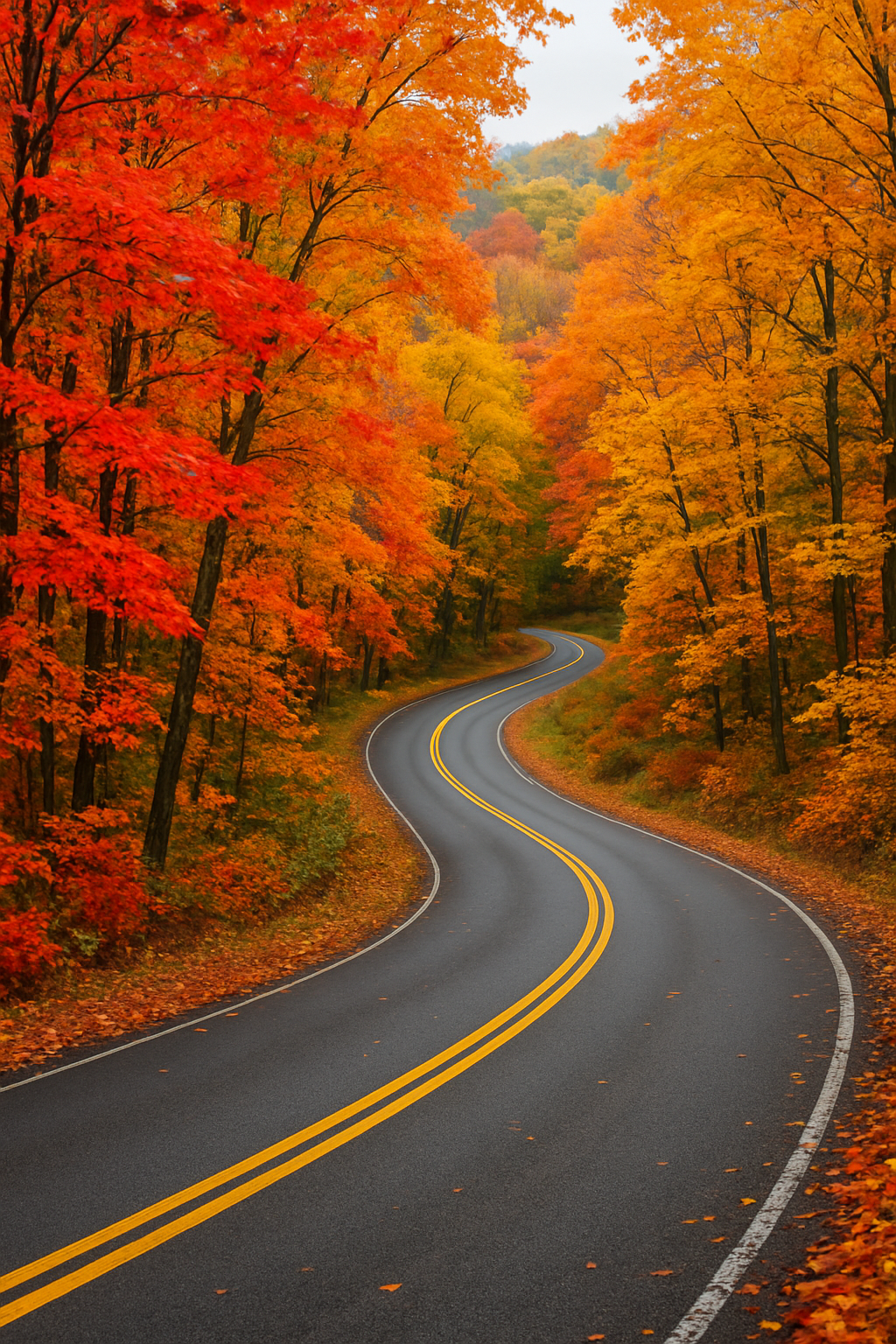A scenic view of a winding road through a colorful autumn forest, vibrant colors, high detail.