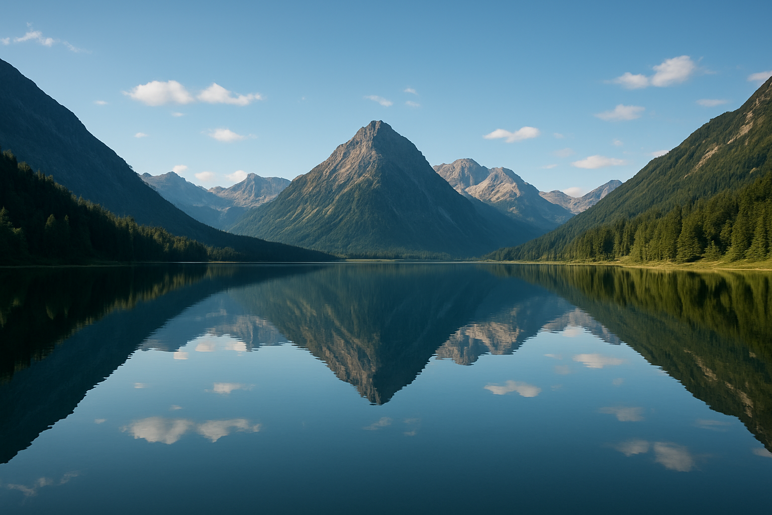 A tranquil lake surrounded by mountains reflecting in the water, peaceful scene, high detail.