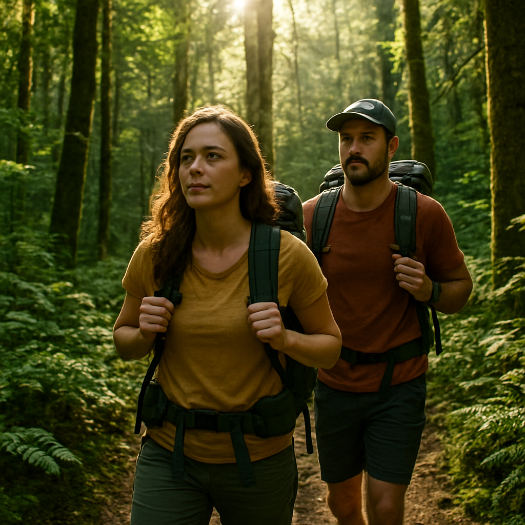 A couple hiking through a lush forest, sunlight filtering through the trees, adventurous spirit, high detail.