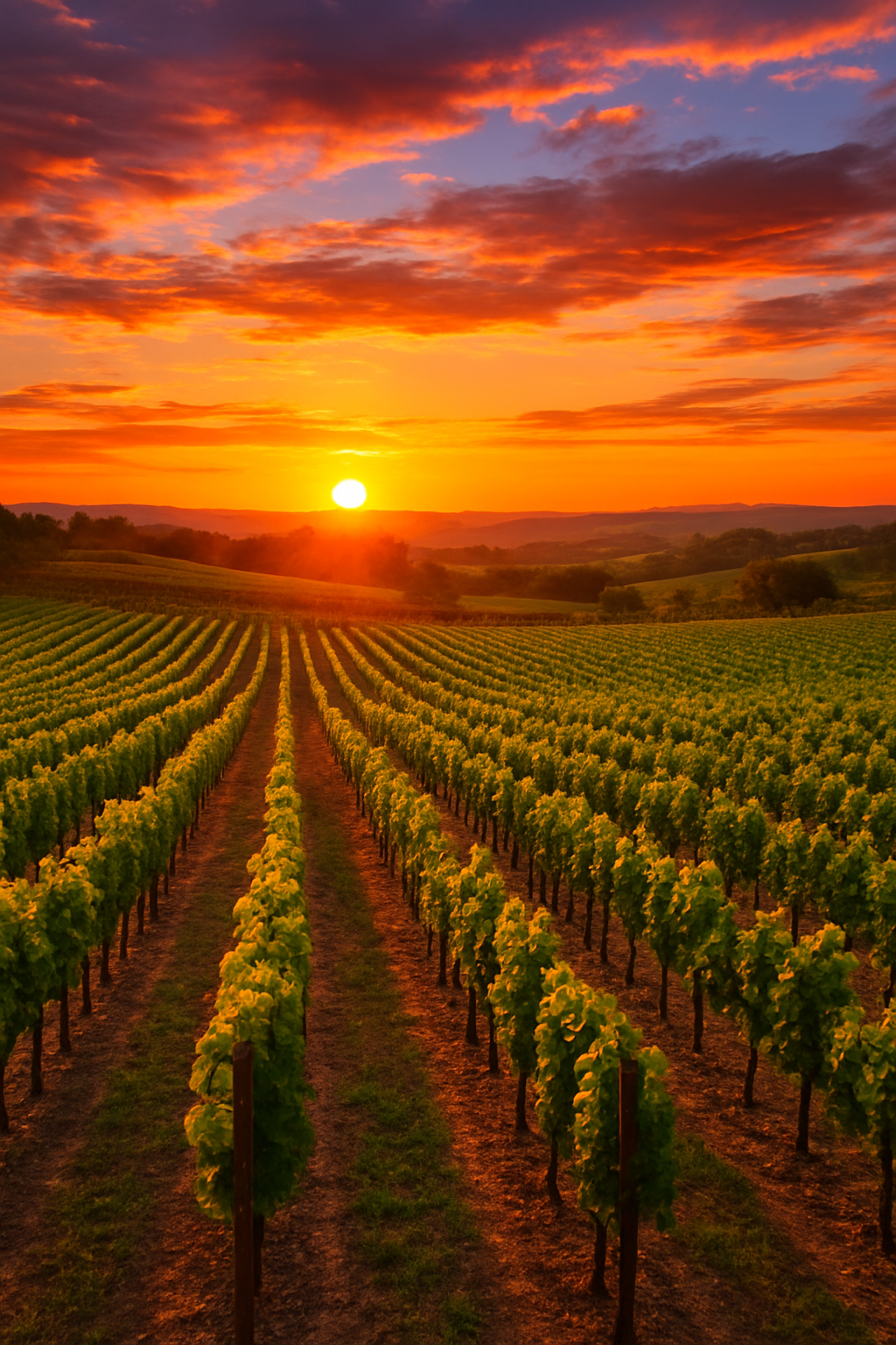 A vibrant sunset over a scenic vineyard with rows of grapevines, warm colors, high detail.