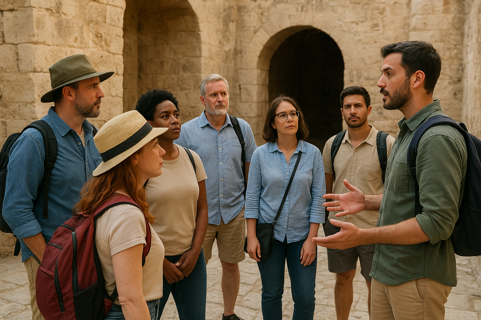 A group of tourists taking a guided tour at a historical site, engaging with the guide, high detail.