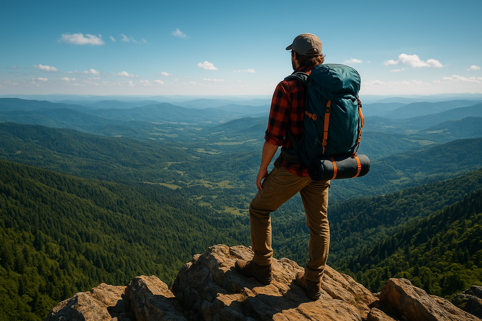 A backpacker standing on a mountain peak with a panoramic view of valleys and forests, adventurous spirit, vibrant colors, high detail.