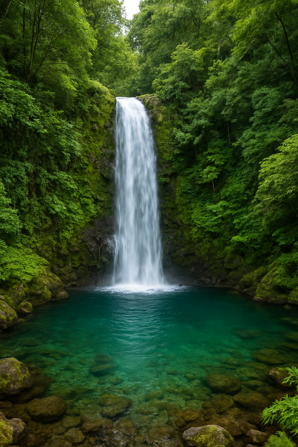 A stunning waterfall cascading into a crystal-clear pool surrounded by lush vegetation, tranquil setting, high detail.