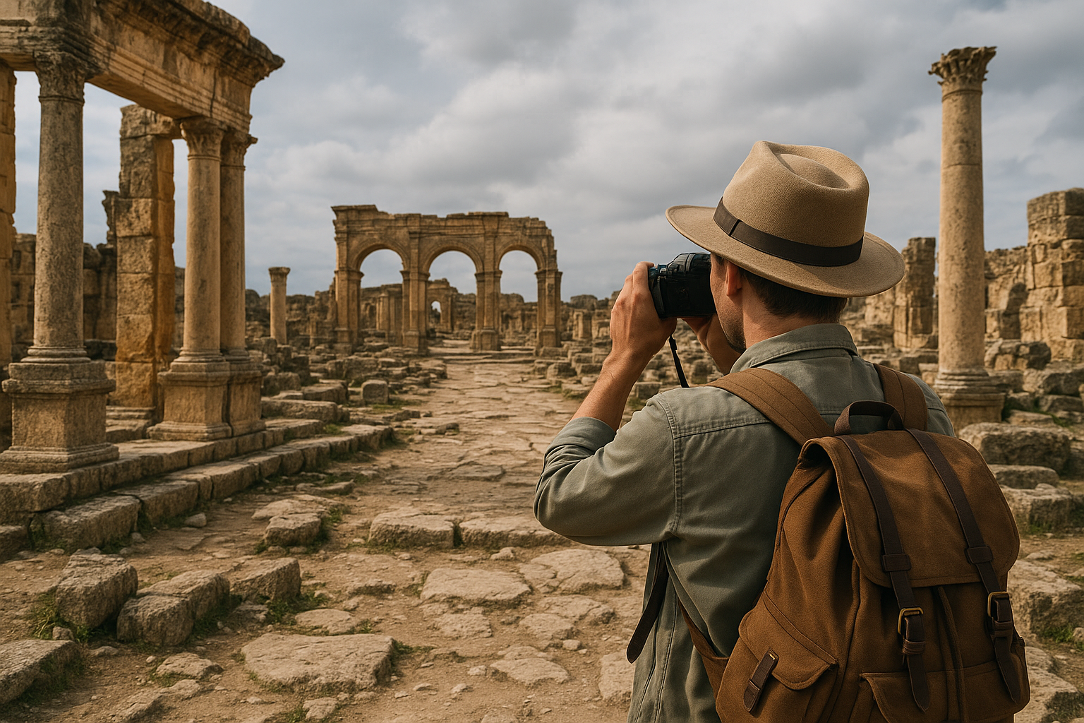 A traveler exploring ancient ruins, capturing the moment with a camera, high detail, immersive experience.